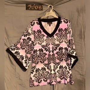 Dana Buchman Pink and Black V-Neck Damask Print Tunic
